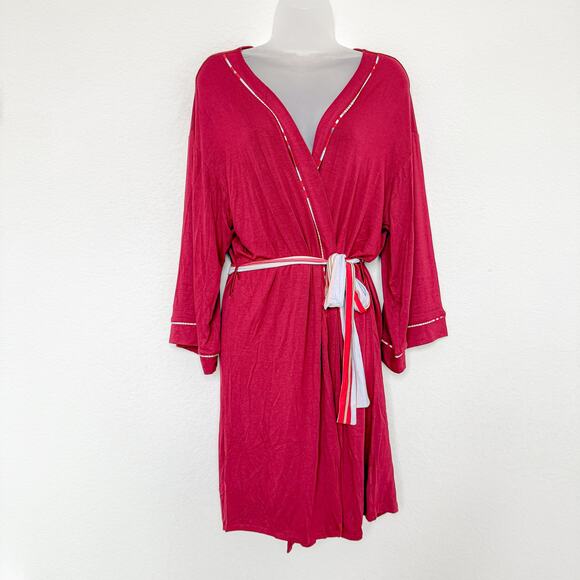 Hale Bob Womens Robe Size Large Red Bamboo Stretch Lounge Belted Kimono‎ Style - Picture 1 of 10